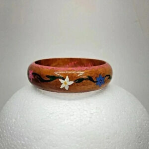 Vintage Hand Painted Wooden Floral Bangle Bracelet